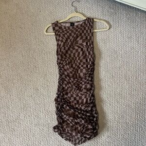 Brown Checkered Sleeveless Dress